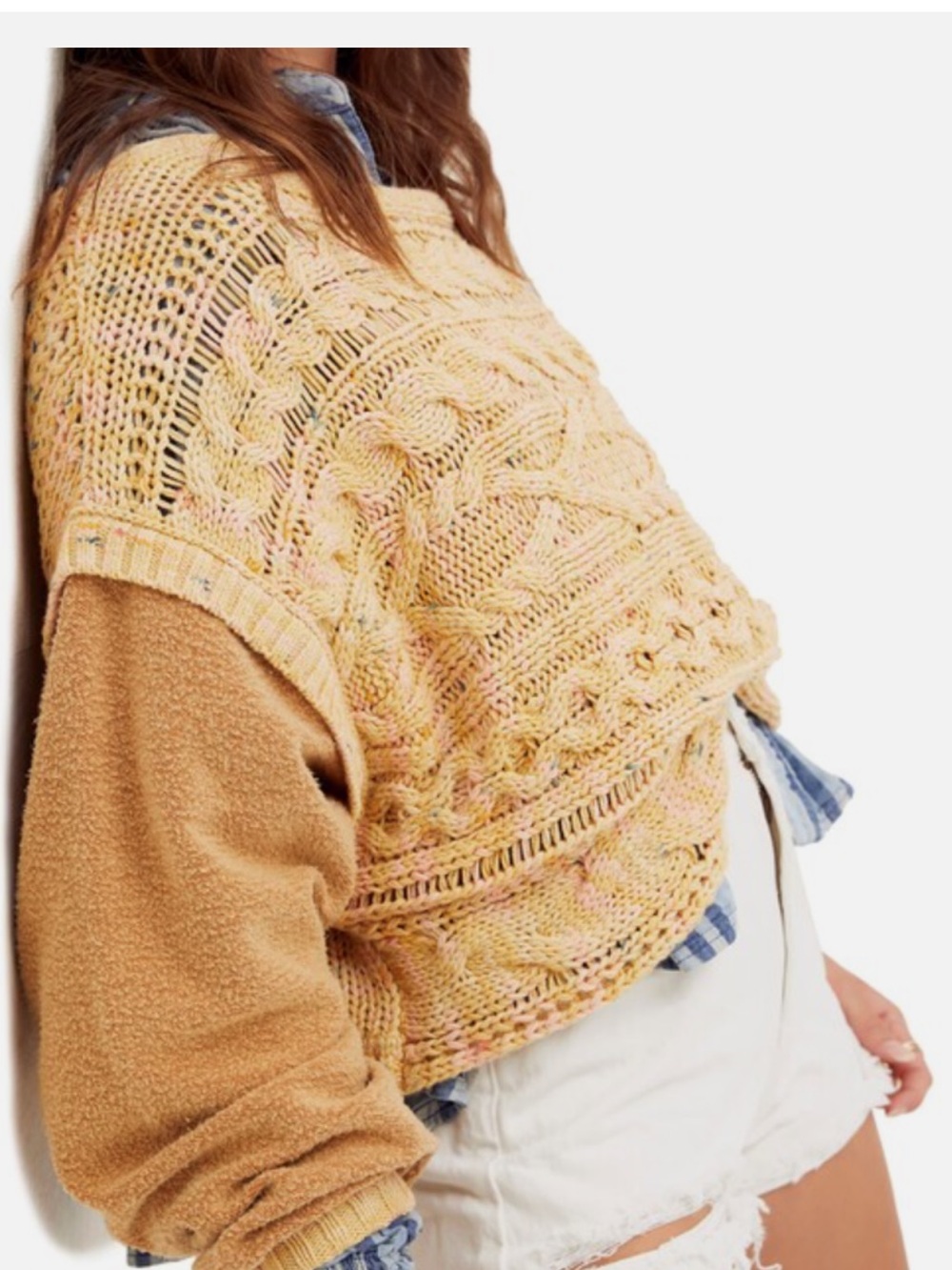 Free People Pale Yellow Crochet Cable Knit Sweater Vest